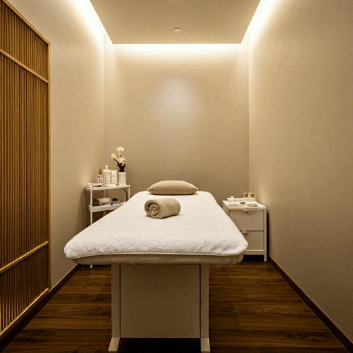 A calm, softly lit massage room with a massage table and a folded towel